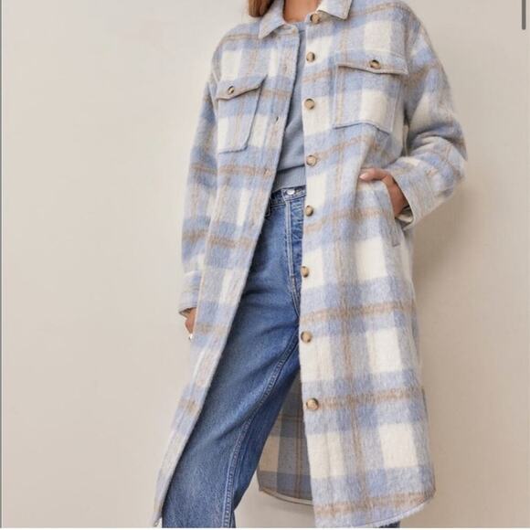 Reformation Jackets & Blazers - Reformation Ainslie Button Up Flannel Oversized Jacket Light Blue White Plaid L